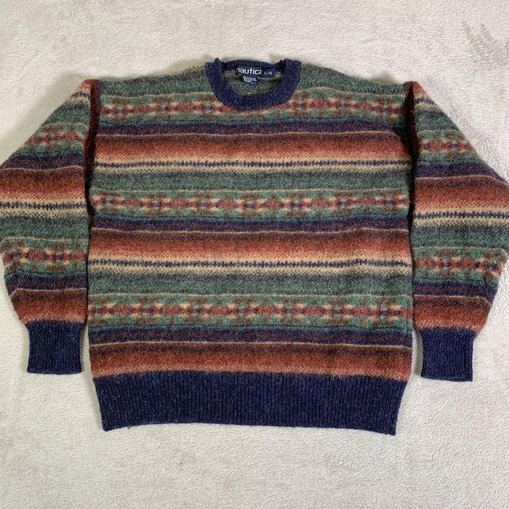 Vintage Nautica Sweater Womens Large Fair Isle 100% Wool Knit Hong Kong 90s